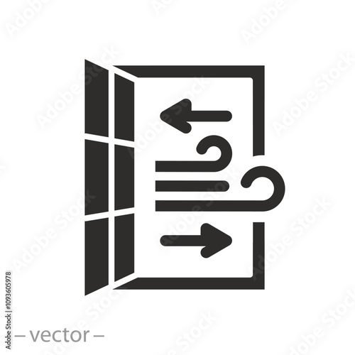 sanitary hygiene, open window icon, room ventilation, airing premises, flat vector illustration