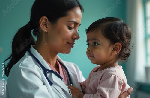 Indian female doctor with stethoscope in white coat holds her baby in her arms. There is daylight through the window in the clinic photo