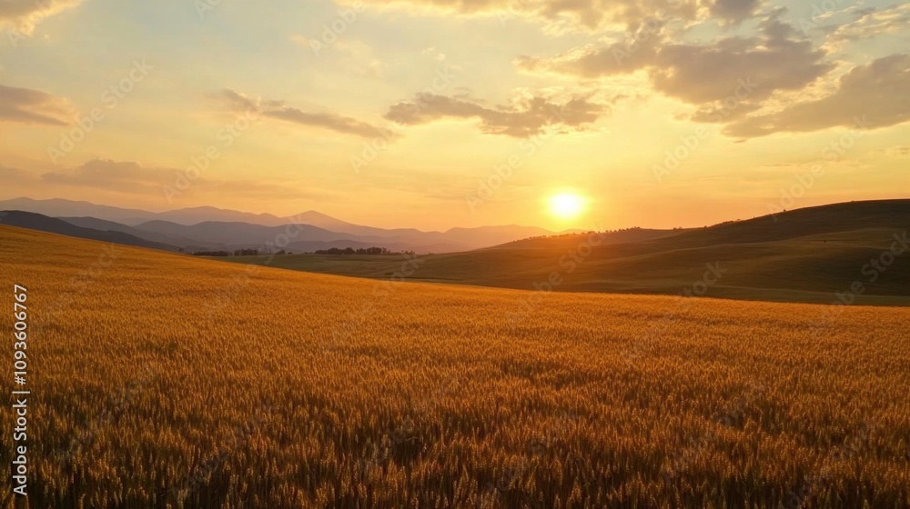 golden field with rolling hills under a sunset sky, rich colors and peaceful rural landscape golden field with rolling hills under a sunset sky, rich colors and peaceful rural landscape