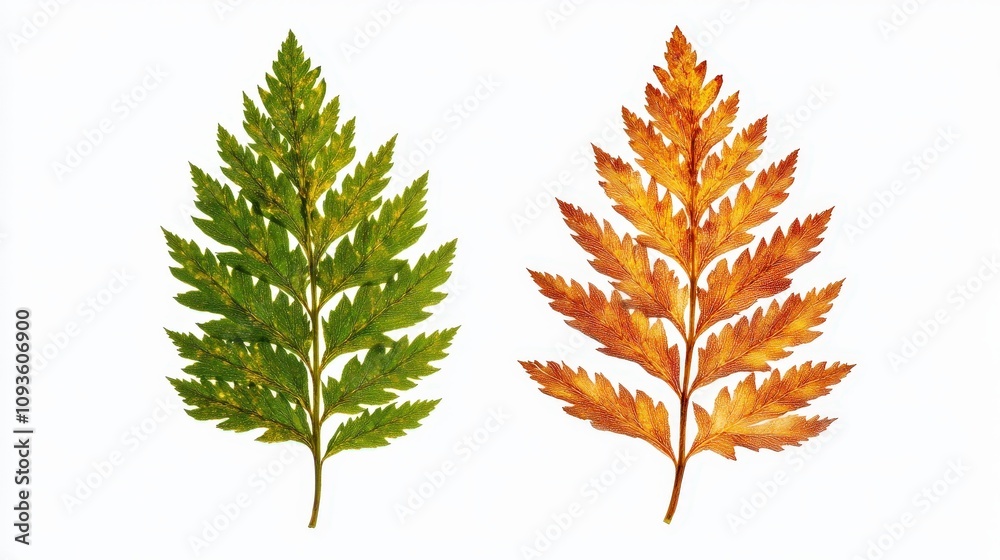 Contrast of nature: green and orange fern leaves on white background Contrast of nature: green and orange fern leaves on white background