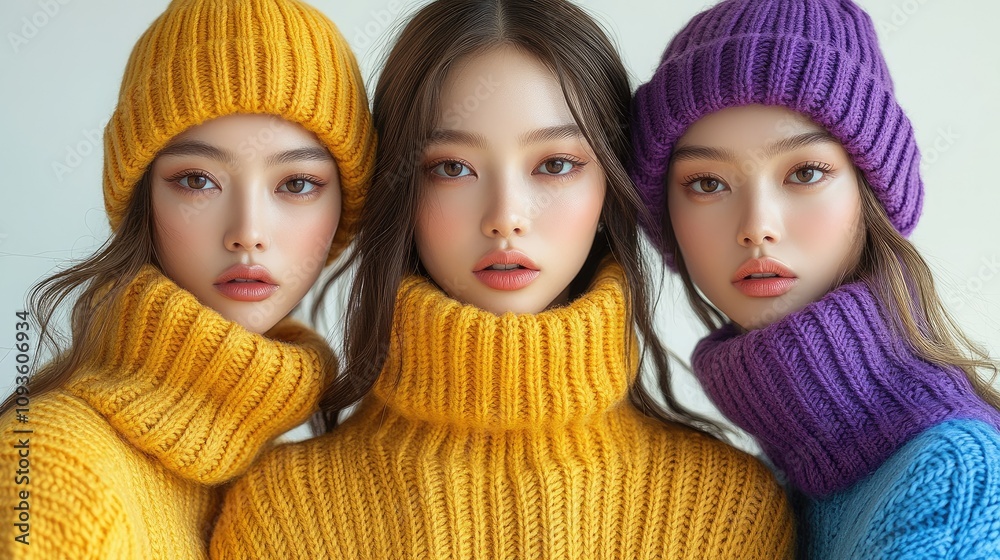 Three individuals wearing colorful knit sweaters and hats, posing together in a studio setting. Three individuals wearing colorful knit sweaters and hats, posing together in a studio setting.