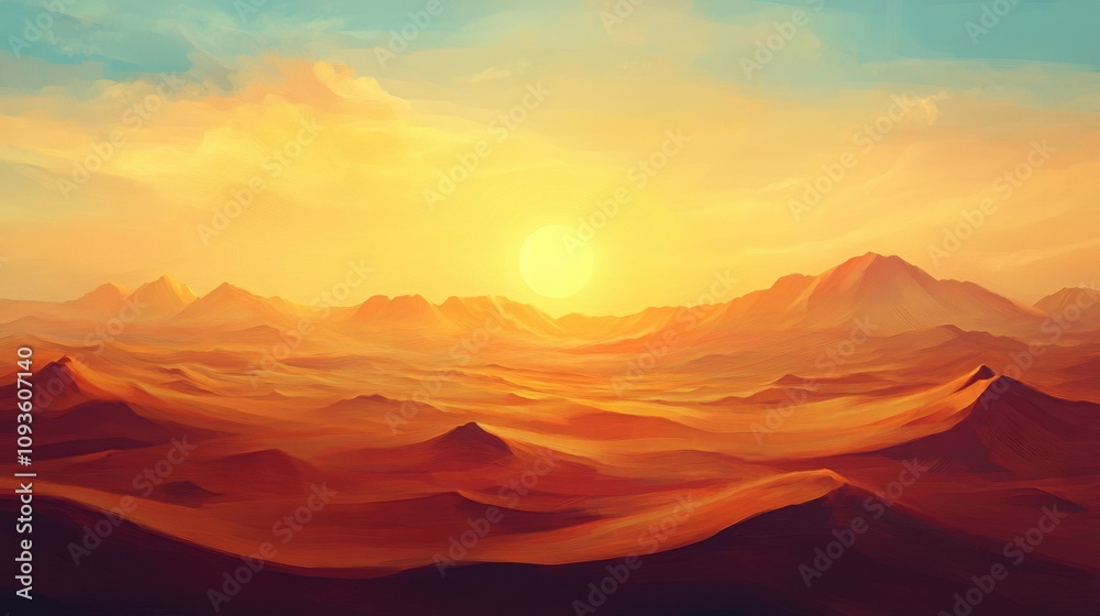 Naklejka premium sandy desert with towering dunes at sunrise, warm colors and vast open space, peaceful isolation