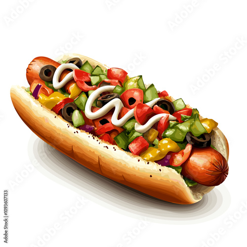 Gourmet Hot Dog Illustration with Fresh Toppings