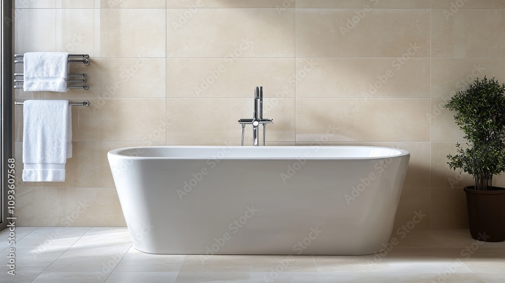 Sparkle bathrooms reflect excellent hygiene. Modern Luxurious Bathtub in Bright Bathroom Setting Sparkle bathrooms reflect excellent hygiene. Modern Luxurious Bathtub in Bright Bathroom Setting
