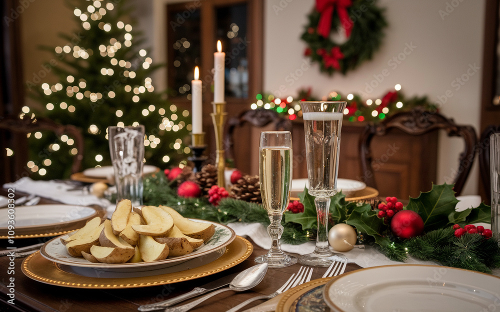 Background shot of baked potato wedges as a side dish and a champagne glass with sparkling drink, served on a festive dining table during Christmas Eve, with copy space.
Background shot of baked potato wedges as a side dish and a champagne glass with sparkling drink, served on a festive dining table during Christmas Eve, with copy space.