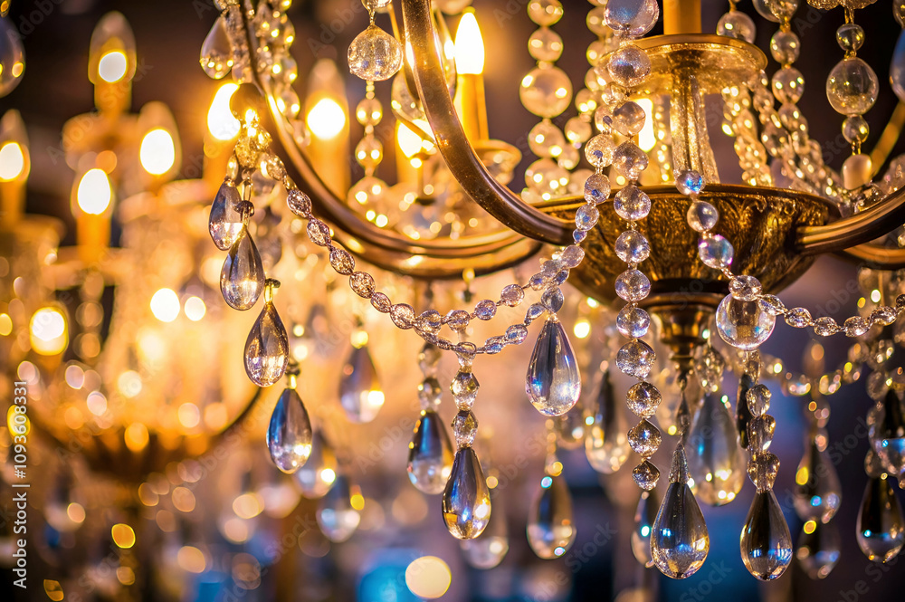 Naklejka premium Elegant chandelier adorned with sparkling crystals and warm lights, creating a luxurious ambiance.