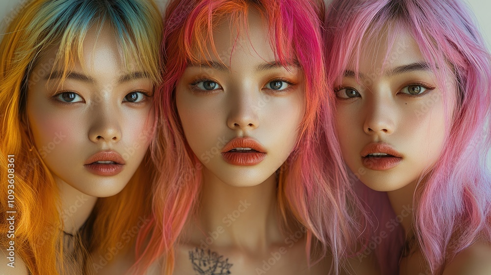 Three individuals with vibrant, colorful hairstyles and striking makeup, posing closely together. Three individuals with vibrant, colorful hairstyles and striking makeup, posing closely together.