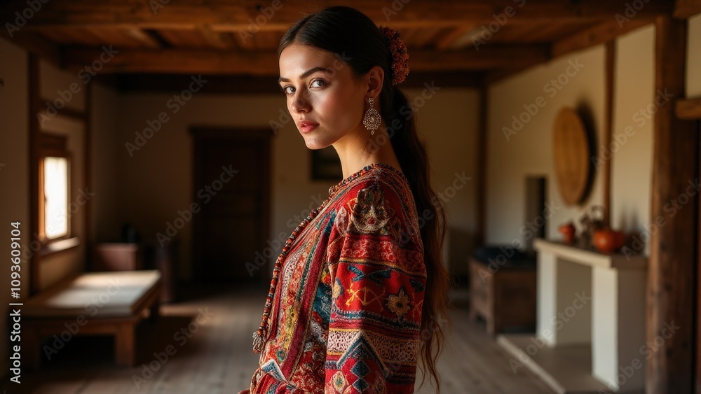Vibrant folklore outfit ideas, featuring intricate embroidery and natural fabrics, are displayed in a wooden interior with warm lighting for artistic elegance. Vibrant folklore outfit ideas, featuring intricate embroidery and natural fabrics, are displayed in a wooden interior with warm lighting for artistic elegance.