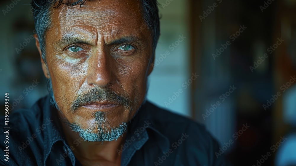 Intense gaze from a rugged man in natural light showcasing life’s experiences and wisdom in a cozy indoor setting. Generative AI Intense gaze from a rugged man in natural light showcasing life’s experiences and wisdom in a cozy indoor setting. Generative AI