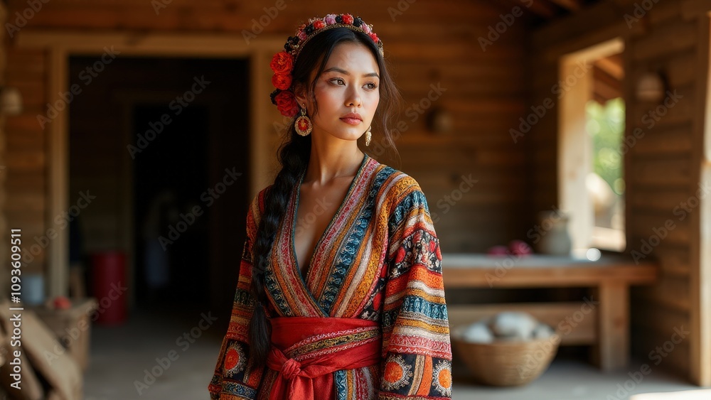 Vibrant folklore era inspired outfits, with handwoven patterns and intricate embroidery, are displayed in a rustic interior under soft light. Vibrant folklore era inspired outfits, with handwoven patterns and intricate embroidery, are displayed in a rustic interior under soft light.