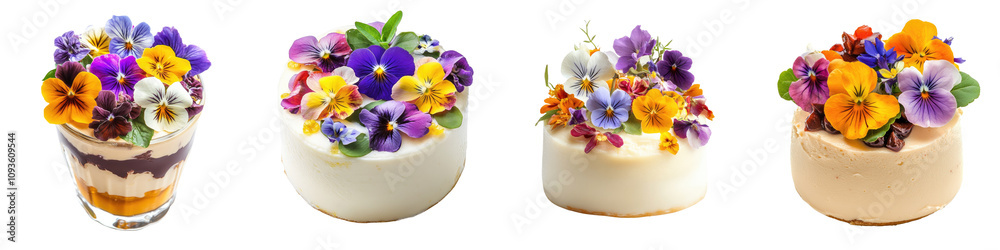 Mousse with Edible Flowers – A Beautiful Mousse Adorned with Colorful Edible Flowers, Adding a Touch of Elegance Isolated on Clear White Background Highly Detailed Mousse with Edible Flowers – A Beautiful Mousse Adorned with Colorful Edible Flowers, Adding a Touch of Elegance Isolated on Clear White Background Highly Detailed