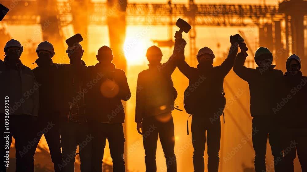 A group of workers stand together in silhouette, raising their arms in solidarity, demanding fair wages, Workers standing in solidarity for fair wages and labor rights
