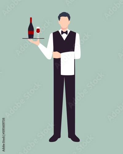 waiter standing and holding tray with wine