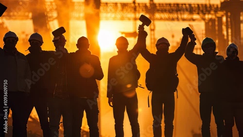 A group of workers stand together in silhouette, raising their arms in solidarity, demanding fair wages, Workers standing in solidarity for fair wages and labor rights