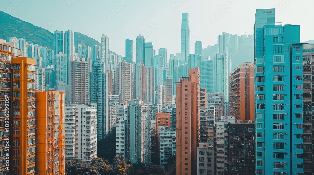 Obraz premium An aerial view of colorful skyscrapers in a dense urban cityscape.