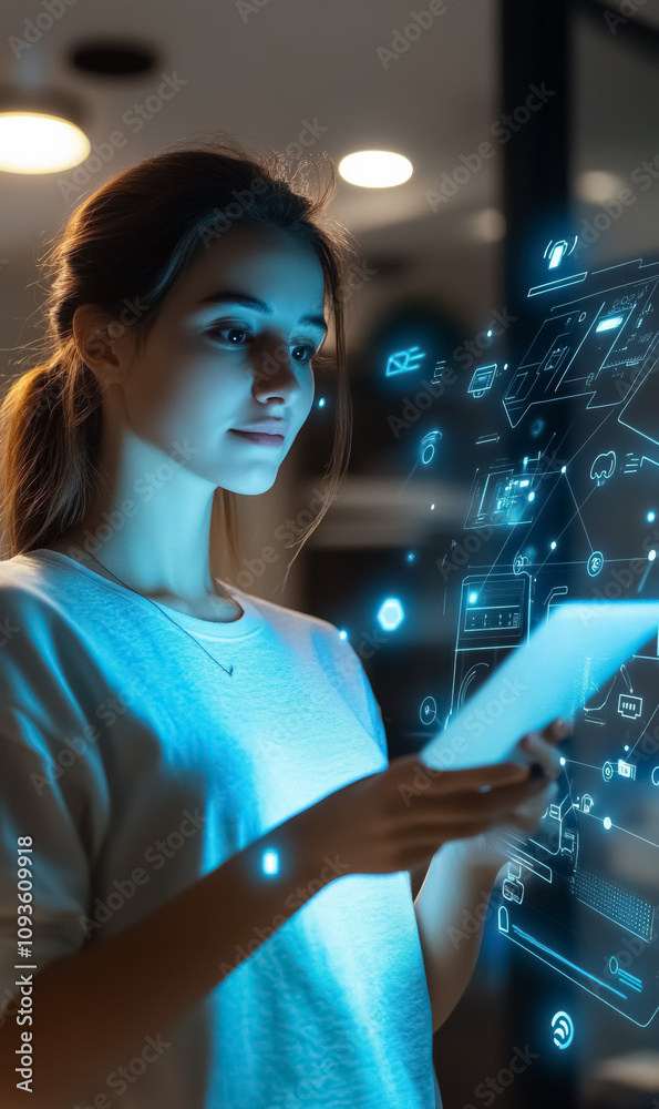 young woman using digital touchscreen and interacting with holographic interface in modern workspace young woman using digital touchscreen and interacting with holographic interface in modern workspace