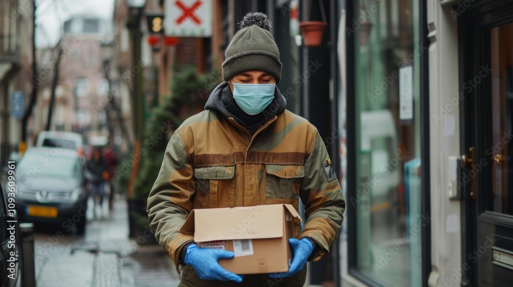 Urban delivery worker with mask and package in winter city, showing commitment, resilience, and responsibility Urban delivery worker with mask and package in winter city, showing commitment, resilience, and responsibility