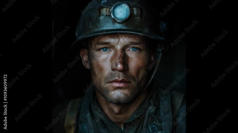Close up portrait of a rugged coal miner with blue eyes, dirty face, and hard hat, symbolizing hard work and resilience. Close up portrait of a rugged coal miner with blue eyes, dirty face, and hard hat, symbolizing hard work and resilience.