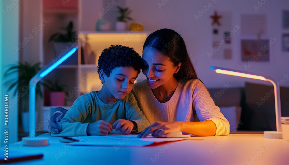 mother and child making school homework, reading books and writing in notebook, happy family atmosphere in cozy domestic room mother and child making school homework, reading books and writing in notebook, happy family atmosphere in cozy domestic room