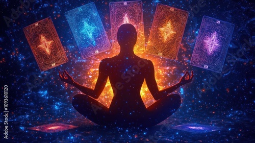 Silhouette of a woman meditating with mystical cards, symbolizing spiritual growth, intuition, and self discovery