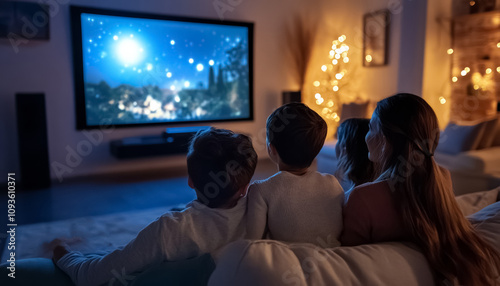 back view of happy family watching movie at home cinema with kids, mother and father with children watch TV at cozy living room, people spend time together photo