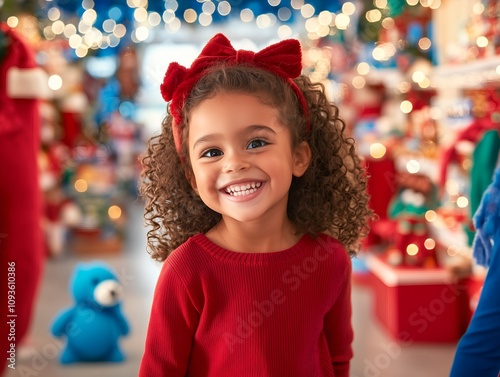 Little girl posing for the camera in a toy store during Christmas, wearing a red dress with a red bow, joyful in a Christmas-themed toy store photo