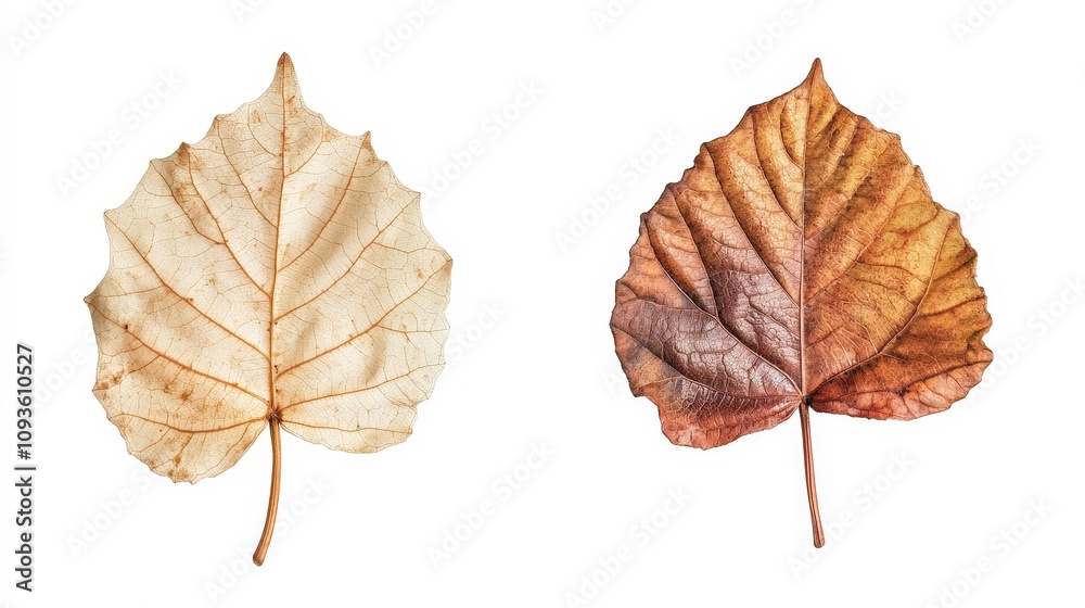 Fototapeta premium Natural contrast: white and brown autumn leaves on plain background