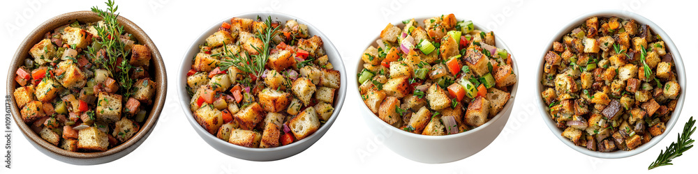 Herb Stuffing – A Savory Stuffing Made with Bread, Fresh Herbs, and Vegetables, Often Served as a Side Dish Isolated on Clear White Background Highly Detailed Herb Stuffing – A Savory Stuffing Made with Bread, Fresh Herbs, and Vegetables, Often Served as a Side Dish Isolated on Clear White Background Highly Detailed