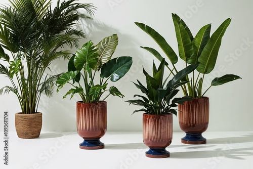 Lush Tropical Plants in Elegant Ceramic Planters with Exotic Leaves on a Pristine Background