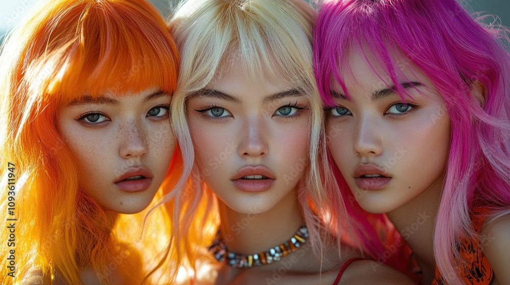 Three models with vibrant hair colors posing closely together, showcasing beauty and fashion. Three models with vibrant hair colors posing closely together, showcasing beauty and fashion.