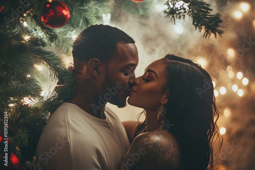 Romantic holiday moment shared between two lovers adorned by Christmas decorations in a cozy, warmly lit atmosphere photo