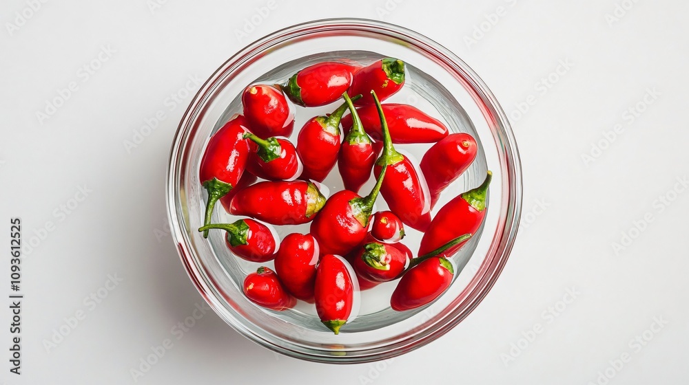 Chili peppers floating in a clear bowl of water, isolated on a minimalist white background Chili peppers floating in a clear bowl of water, isolated on a minimalist white background