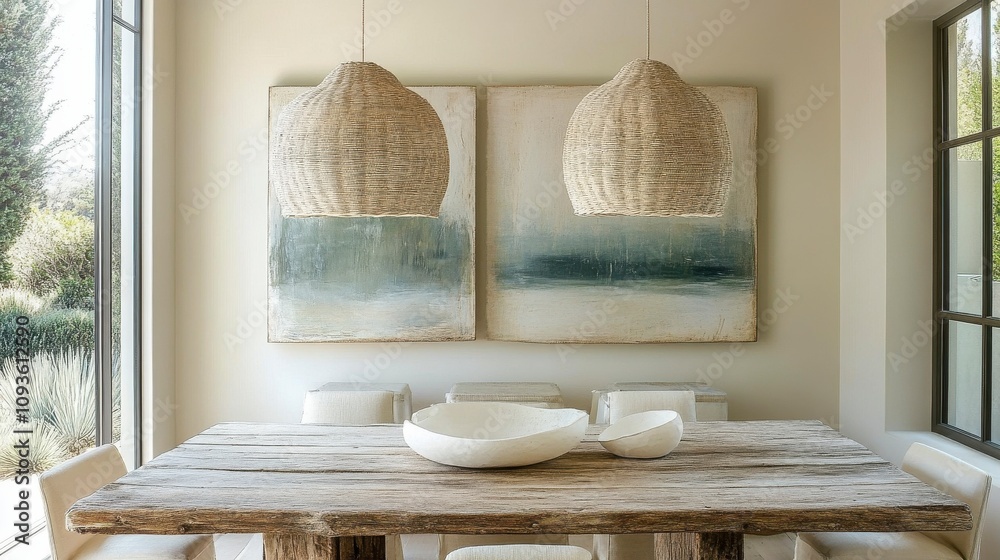 Obraz premium Rustic Wooden Table with Pendant Lights in Evening Light