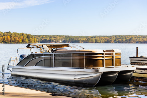 Pontoon boat at private marina dock on freshwater lake. photo