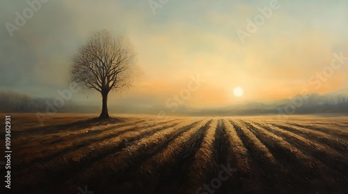 Solitary Tree in a Field at Dawn, Oil Painting AI Generated