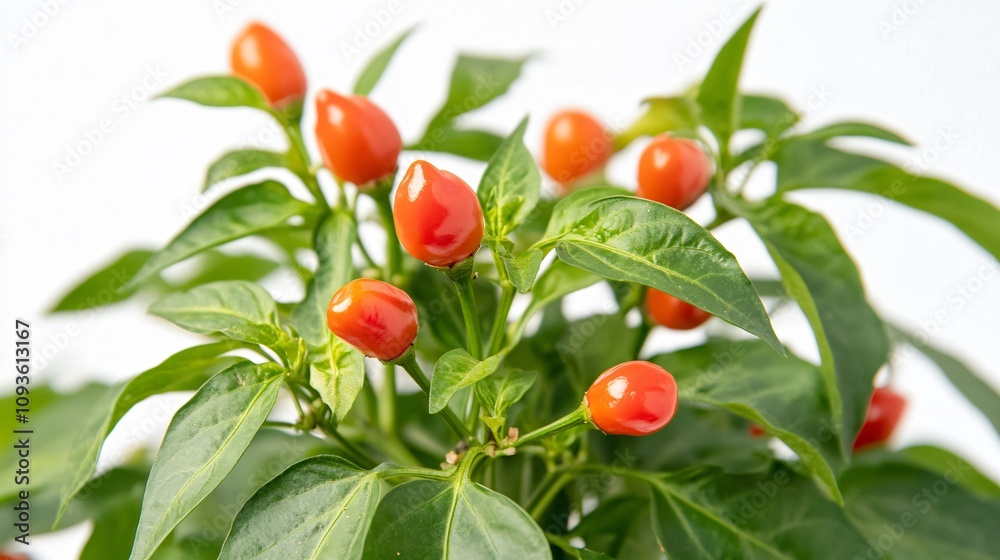 Obraz premium Close up of a chili pepper plant with vivid red fruits, isolated on a clean white background