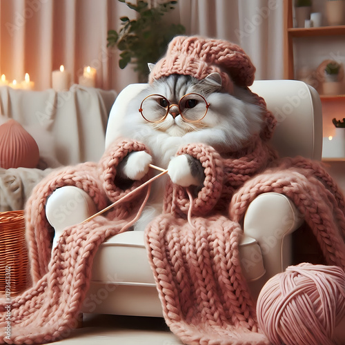 fluffy cat knits a scarf sitting in a chair.