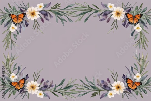 Whimsical Watercolor Wildflower Seamless Border with Marjoram, Butterfly Flower, Olive Branches, and Soft Petals