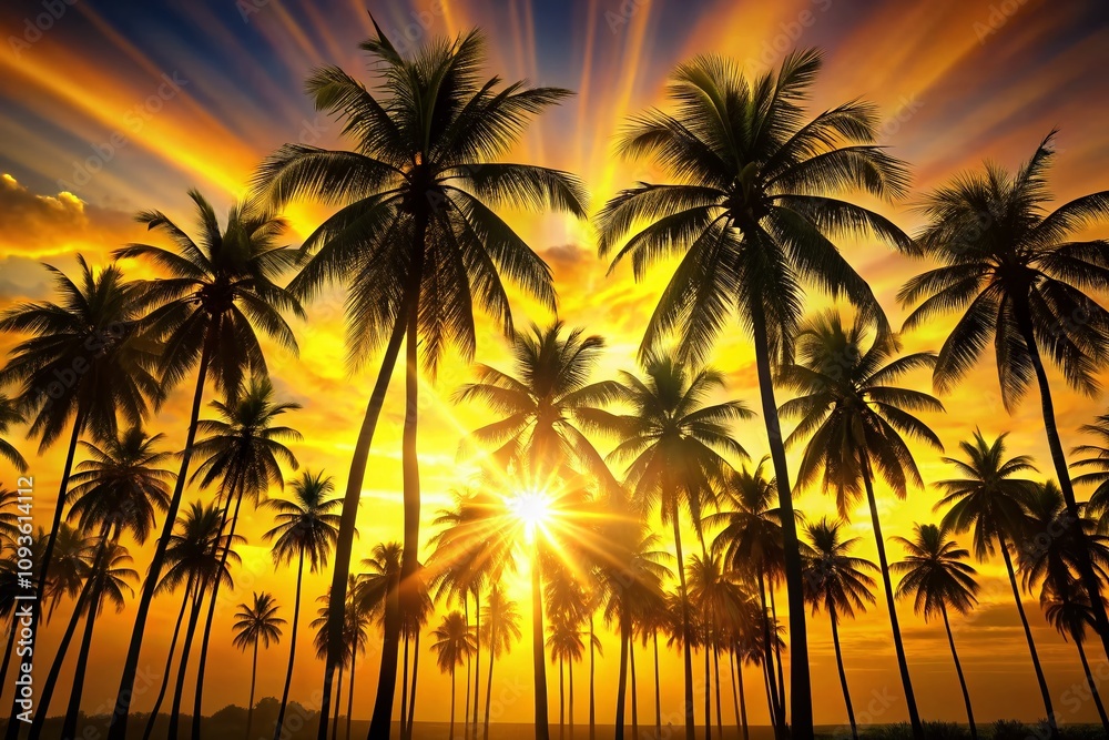 Stunning Illustration of Tall Palm Trees Silhouetted Against a Vibrant Sun with Radiant Yellow Rays, Perfect for Tropical Themes and Nature Inspired Designs Stunning Illustration of Tall Palm Trees Silhouetted Against a Vibrant Sun with Radiant Yellow Rays, Perfect for Tropical Themes and Nature Inspired Designs