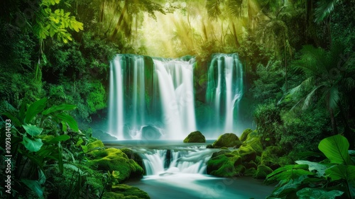 Cascading Paradise: A breathtakingly serene waterfall plunges into a clear turquoise pool, surrounded by vibrant lush greenery in a natural wonderland.