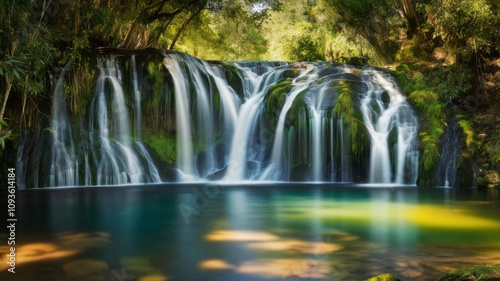 Waterfall Serenity: A stunning cascading waterfall flows gracefully into a serene pool of crystal-clear water. Lush green vegetation frames the scene.