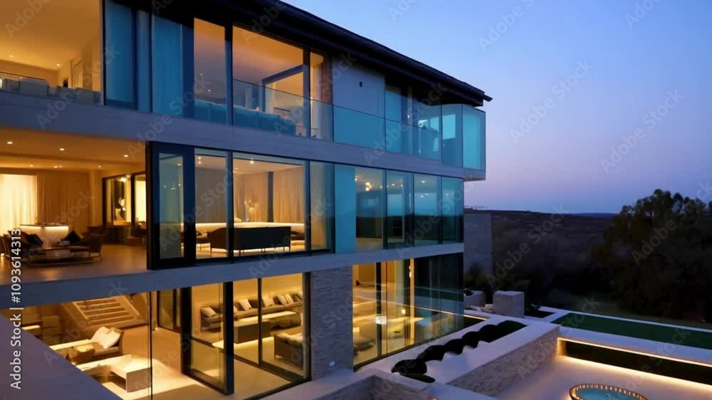 A spacious, three-story mansion with extensive glass walls, open terraces, and elegantly lit outdoor seating areas, showcasing modern luxury at dusk. A spacious, three-story mansion with extensive glass walls, open terraces, and elegantly lit outdoor seating areas, showcasing modern luxury at dusk.