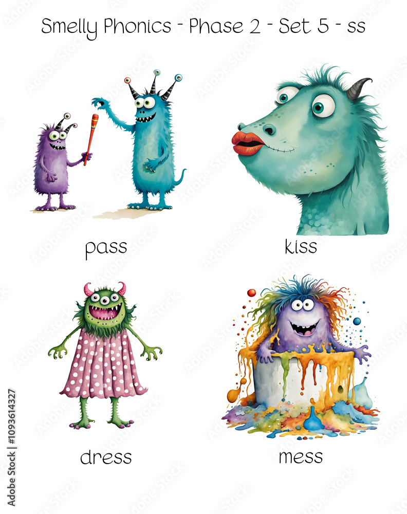 Smelly Phonics - Phase 2 - Set 5 - ss - pass, kiss, dress, mess Smelly Phonics - Phase 2 - Set 5 - ss - pass, kiss, dress, mess