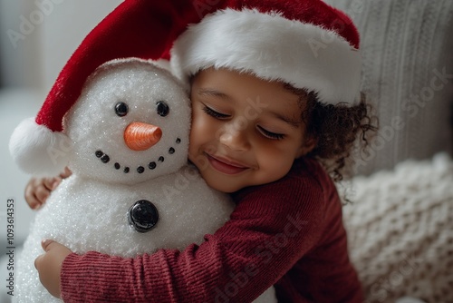 Delightful moments of a child embracing a festive snowman during winter celebrations in a cozy indoor setting