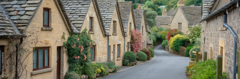 A historic village with a number of charming stone cottages and a narrow winding road. The road is bordered by lush greenery and several wooden pillars. A historic village with a number of charming stone cottages and a narrow winding road. The road is bordered by lush greenery and several wooden pillars.