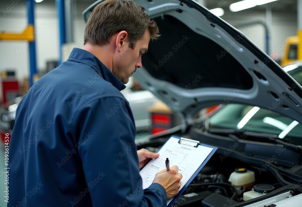 Car mechanic taking notes in front of the hood Car mechanic taking notes in front of the hood