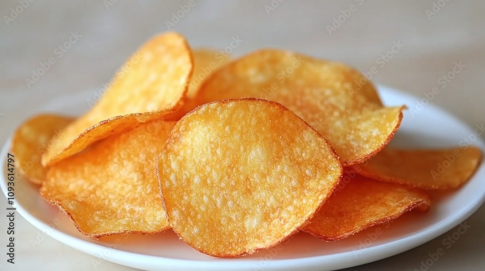 Crispy Golden Potato Chips on a White Plate Crispy Golden Potato Chips on a White Plate