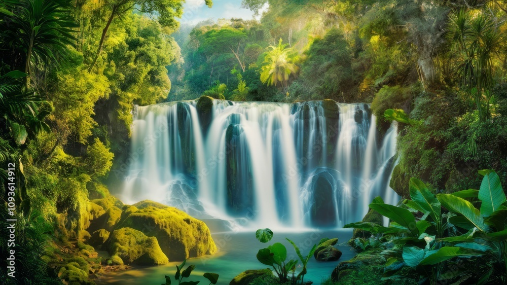 Obraz premium Jungle Waterfall: a lush tropical landscape, cascading waterfall plunges into a serene pool below, surrounded by vibrant green vegetation
