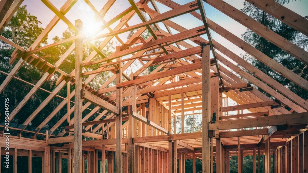 Wooden Framework: Architectural skeleton of a wooden house, beams bathed in sunlight as it takes shape in a bright daytime scene. Wooden Framework: Architectural skeleton of a wooden house, beams bathed in sunlight as it takes shape in a bright daytime scene.