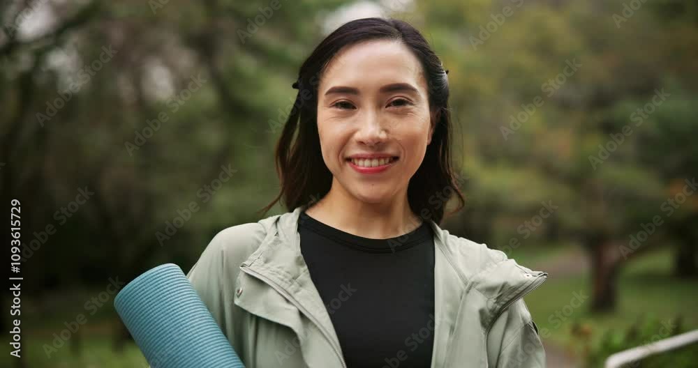 Japanese, woman and face with yoga outdoor for fitness ready, spiritual morning and mindfulness peace. Smile, portrait and female person for pilates start, holistic healing and wellness goal in Japan